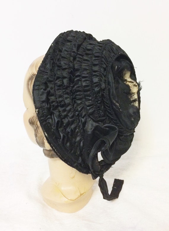 1850s Antique Black Shirred Silk Mourning Bonnet,