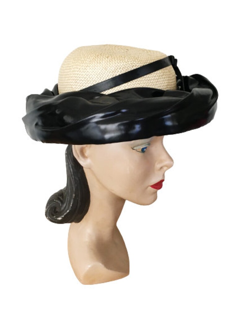 1960s Vintage Straw and Black Patent Leather Hat by Vogue Hats Etsy