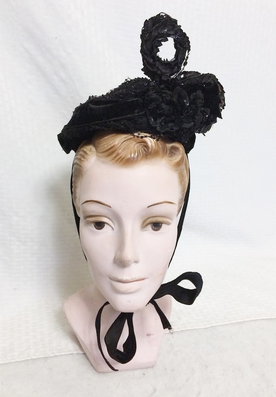 Victorian 1890s Black Sequinned Bonnet Hat with Lo