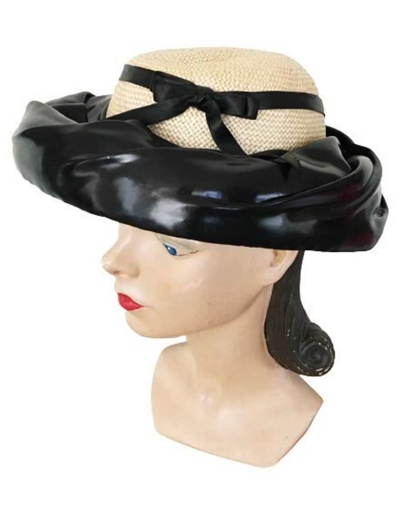 1960s Vintage Straw and Black Patent Leather Hat by Vogue Hats Etsy