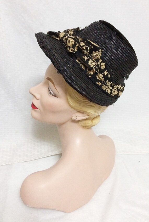 Antique 1880s Victorian Black Straw Hat 