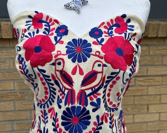 Handmade Mexican Embroidered Strapless Blouse – Boho Floral Bustier Top