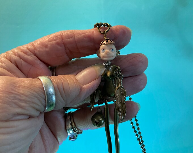 Hand Sculpt Polymer Clay Head Metal Body 4 Tiny Tinkle Bell Fairy Pendent Necklace Old World