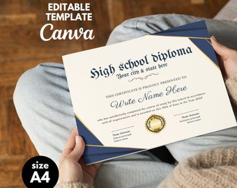 Dyplom ukończenia szkoły średniej, Dyplom szkoły domowej, Szablon dyplomu, Szablon repliki dyplomu, Canva Edytowalny, Wydrukowany certyfikat z pieczęcią