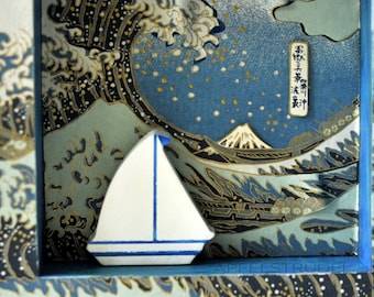 3D ARTWORK. Hokusai Wave and the Sailboat. Nursery / Child Bedroom Art Collage / Mixed Media / Shadow Box