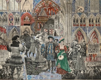 A Medieval Ceremony in England. Large Original Mixed Media Recycled Art Collage on Wood Panel using Antique Prints