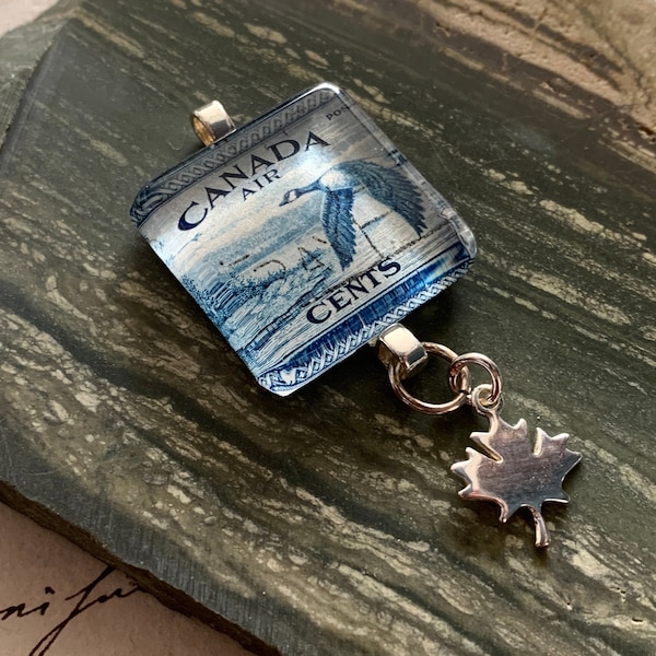 Goose Flight Canada 1947 Airmail Postage Stamp Glass Pendant Necklace Jewellery Solid 925 Sterling Silver Hardware
