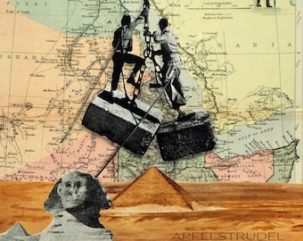 Giza Egypt Pyramids Artwork, 1888 Egypt Map Paper Collage, How They Built the Pyramids Collage, Ready to Hang, Vintage Shabby Chic