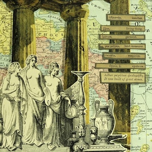 KUNSTWERK. Collage Karte Kunst. Griechische Grammatik von Ornament mit 1898 Karte von Griechenland. Fertig zum Aufhängen.