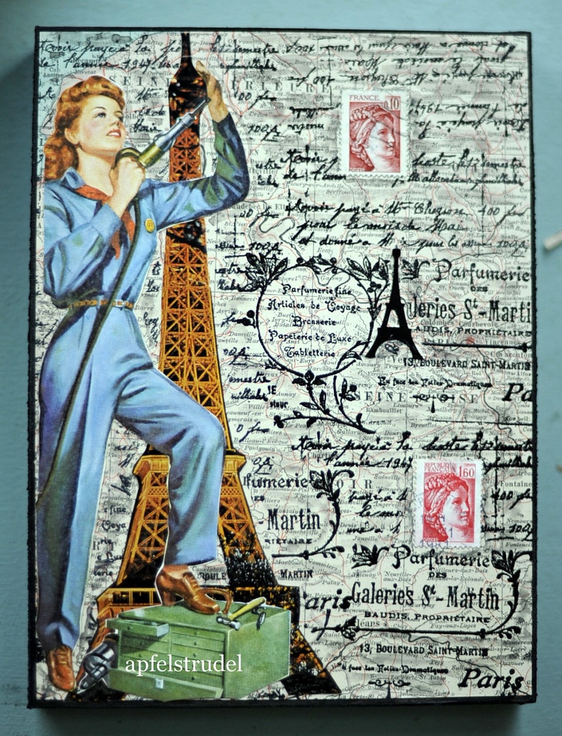 ARTWORK. A Mechanic in Paris. Recycled MapArt using a 1920 Map of France image 1