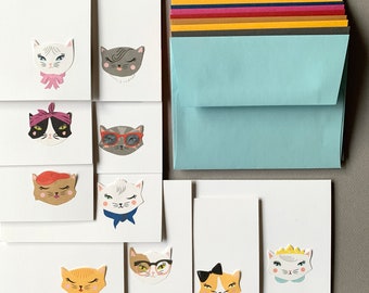 Box of 10 Handcrafted Stationery - Cattitude Cards w/ Lined Envelopes / Cats / Gift for Host Hostess / Artisan Quality