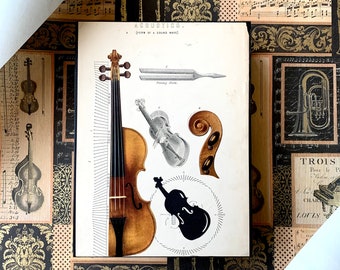 Violin Acoustics Art Collage w/ 1870s ephemera - Stradivarius - Musician - Violinist - String - Mounted on Wood Panel. 6x8x1.5