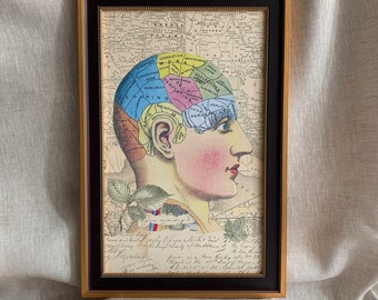 Framed Collage Artwork, Gift for Doctor, Physiognomy, Phrenology, Chart, Physiology, Home Decor, Calligraphy, Middlesex, London, Anatomy