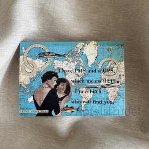 Grande cartão postal de arte embelezado à mão - A Bitch Who Will Find You - Swarovski azul - 5x7 adequado para emolduramento