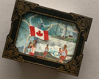 Montreal Olympics 3D Miniature Art Collage - 1976 Postage Stamps Handcrafted Collage Framed Dollhouse Wall Art 2.5 x 3.25 inches
