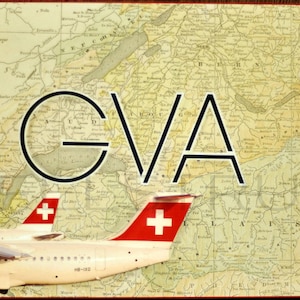 ARTWORK. Up in the Air Series. GVA. Geneva Airport, Switzerland. 100 Percent Recycled MapArt using an 1888 map of Switzerland