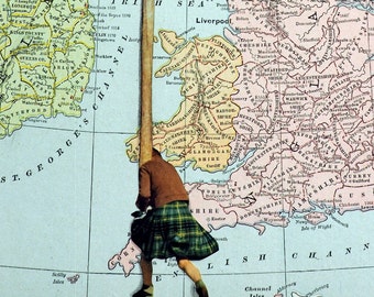 Great Britain Map Art Collage. Scotland Map. Highland Games. Tartan. Man in Kilt. Fantasy art. Retro art. Home decor. Gift for him or her