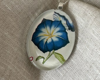 Blue Morning Glory Flower Postage Stamp Glass Pendant 1971 Necklace Jewellery Solid 925 Sterling Silver Hardware Handcrafted - Romania