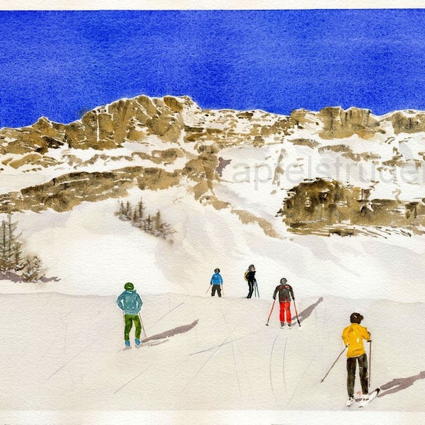 LARGE ORIGINAL WATERCOLOUR painting. Skiing in the Dolomites, Italy 48x33 cm / 19x33 inches