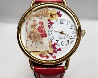 Red Watch, Simplicity Dress Pattern in a Watch, Queen Anne Lace, Bridal Wreath Flower, Pressed Flower Watch