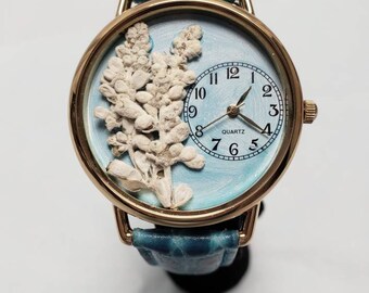 Turquoise Womens Watch, White Salvia Wrist Watch with Pressed Flowers and Leather Band Bracelet Woman