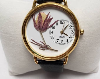 Amulet, Avens, Womens Watch, Wrist Watch with Pressed Flowers and Leather Band Bracelet Woman