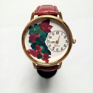 Boronia Verbena Womens Watch, Wrist Watch with Pressed Flowers and Leather Band Bracelet Woman