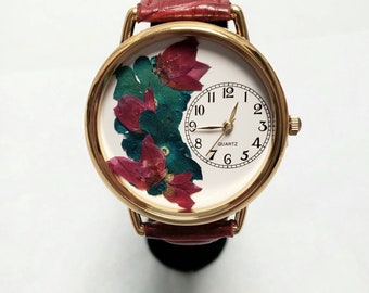 Boronia Verbena Womens Watch, Wrist Watch with Pressed Flowers and Leather Band Bracelet Woman