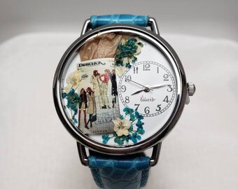 Turquoise Flowers and Butterick Pattern in a Watch, Gardening, Seamstress, Sewing, Pressed Flower Watch, Queen Anne Lace, Alyssum