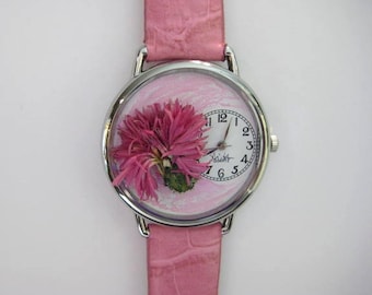 Womens Watch with Pink Cornflower (Bachelor Button), Watercolor Watch