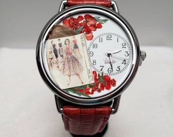 Vintage McCalls Pattern in a Watch, Sewing Watch, Flower Watch, Pressed Flower Watch, Queen Anne Lace, Red, Silver