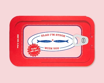 "Handgemachte Jubiläumskarte ""Glad I'm Stuck with You"" - Sardine Dose Interaktive Pop-Up Karte."