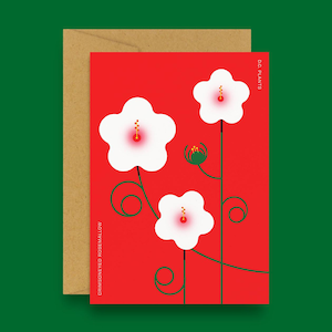 May include: Greeting card with a red background featuring white flowers with red and yellow centres. The card has the text "CRIMSONEYED ROSE MALLOW" and "DC PLANTS". The card is inside a brown envelope.