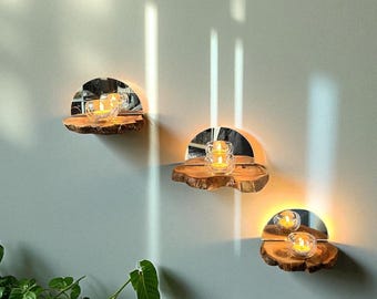 Juego de 3 estantes de madera de olivo con espejo o cristal ahumado, decoración rústica flotante.
