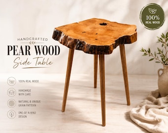 Mesita auxiliar artesanal de madera de peral con borde natural, mesa de centro rústica con detalles naturales.