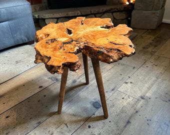 Handmade Olive Wood Live Edge Side Table – Rustic Organic Modern Coffee Accent