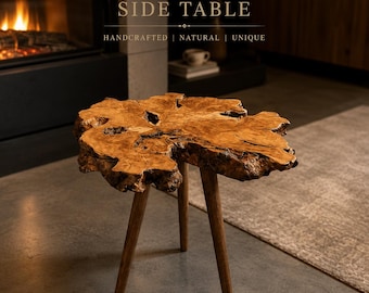 Handmade Olive Wood Live Edge Side Table – Rustic Organic Modern Coffee Accent