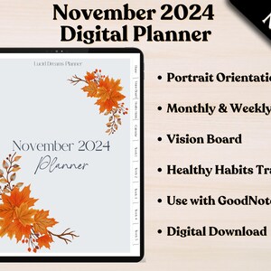 November 2024 Dated Digital Planner, Sunday Start, Portrait, Hyperlinked, GoodNotes, iPad Planner, Monthly