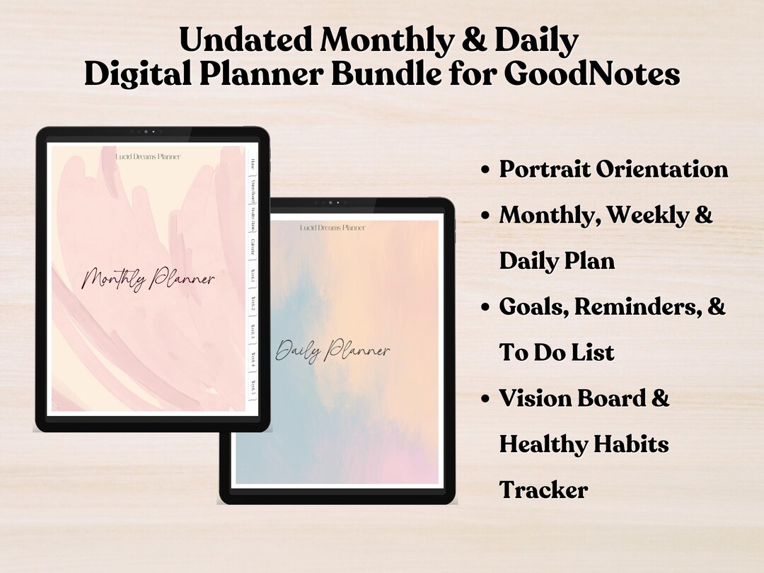 Monthly and Daily Undated Digital Planner Bundle, Sunday Start ...