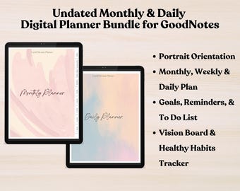 Monthly and Daily Undated Digital Planner Bundle, Sunday Start, Portrait, Hyperlinked, GoodNotes, iPad Planner