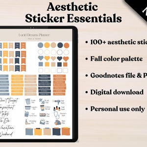 May include: Digital planner sticker set with a fall color palette. The image shows a tablet displaying various stickers, including flags, circles, hearts, and squares. Text on the screen includes "Don't Forget", "Important Notes", and "To Do". The image also includes the text "Aesthetic Sticker Essentials".
