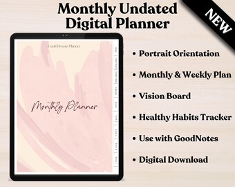 Monthly Undated Digital Planner, Sunday Start, Portrait, Hyperlinked, GoodNotes, iPad Planner
