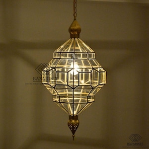 Moroccan Glass Pendant Light, Elegant Brass Ceiling Lamp, Geometric Moroccan Hanging Light Fixture, Brass and Glass Lantern