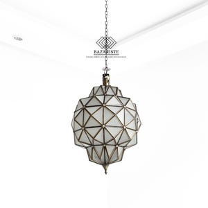 Moroccan Lamp - Glass Pendant Light | Milky Glass Hanging Lamp with Brass Fixture, Boho Chic Home Decor