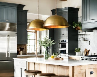 Set of 2 Brushed Dome Pendant Light, Brass Hanging Light Fixture, Modern Minimalist Lighting, Brass Dome Ceiling Light, Brass Pendant Light