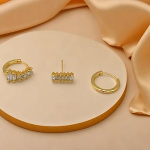 Gold Earrings 3pcs Set, Huggie Hoops, Crystal Stud Earrings, Minimalist Style Jewellery, Everyday Wear.