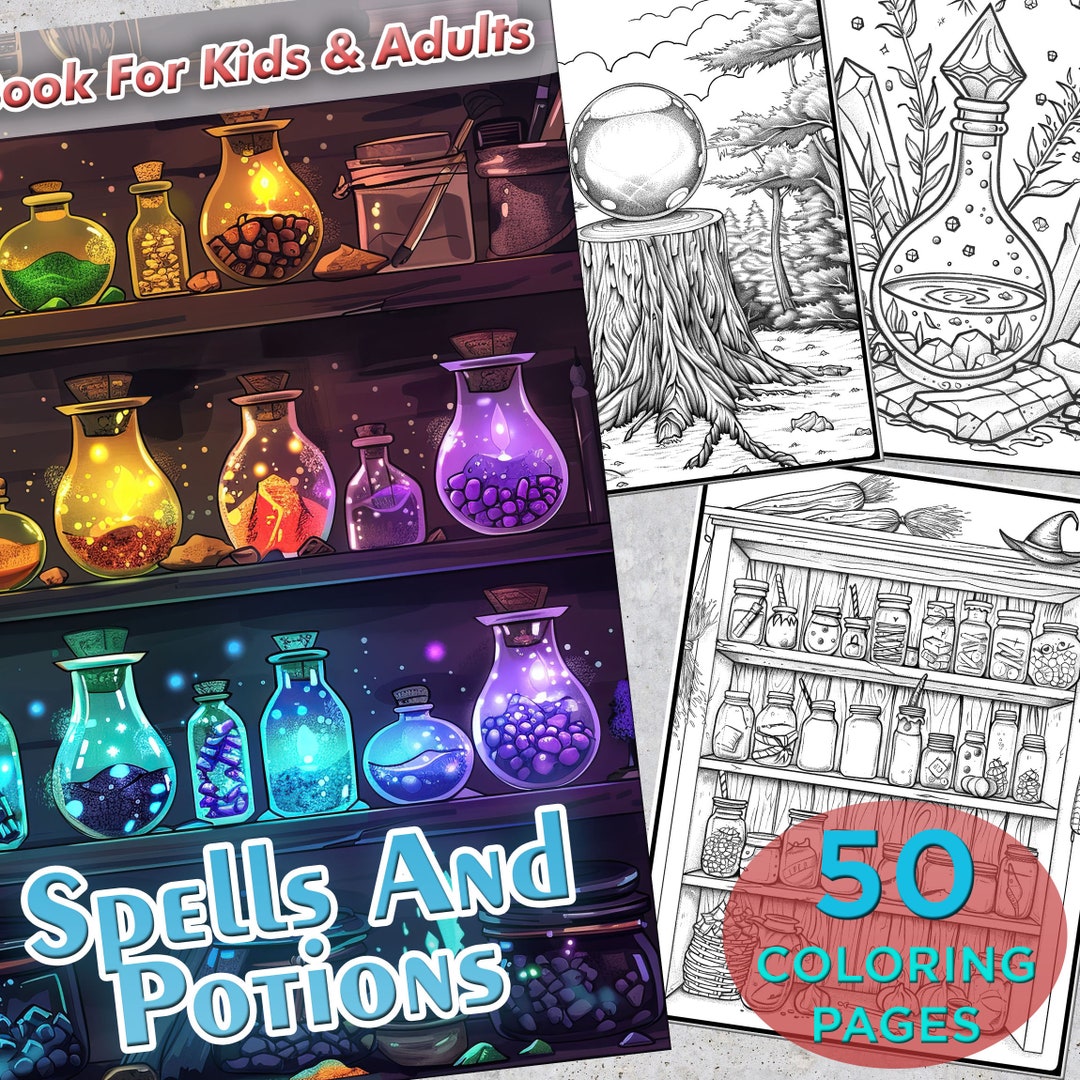 50 Spells and Potions Printable Coloring Pages, PDF Witch Potions Coloring Book for Printing ...