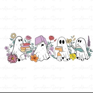 May include: Four white ghosts with black eyes and mouths are holding books. The ghosts are surrounded by colorful flowers. The ghosts are wearing books on their heads.