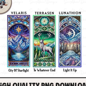 May include: Three stained glass window designs with a fantasy theme. The first design is a blue and purple night sky with a star, a castle, and mountains. The second design is a green and blue forest with a white deer. The third design is a blue and purple night sky with a crescent moon, a star, and a city skyline. The text below each design reads "City of Starlight", "To Whatever End", and "Light It Up".