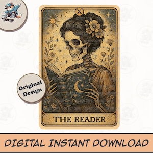 The Reader Tarot Card PNG, Reading Skeleton Sublimation Design, Book Lover Booktrovert Skull Tarot T-shirt Mug PNG File, Digital Download